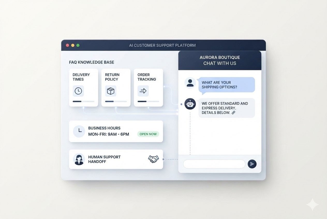 AI chatbot setup for small businesses with automated customer support, FAQs, and human handoff