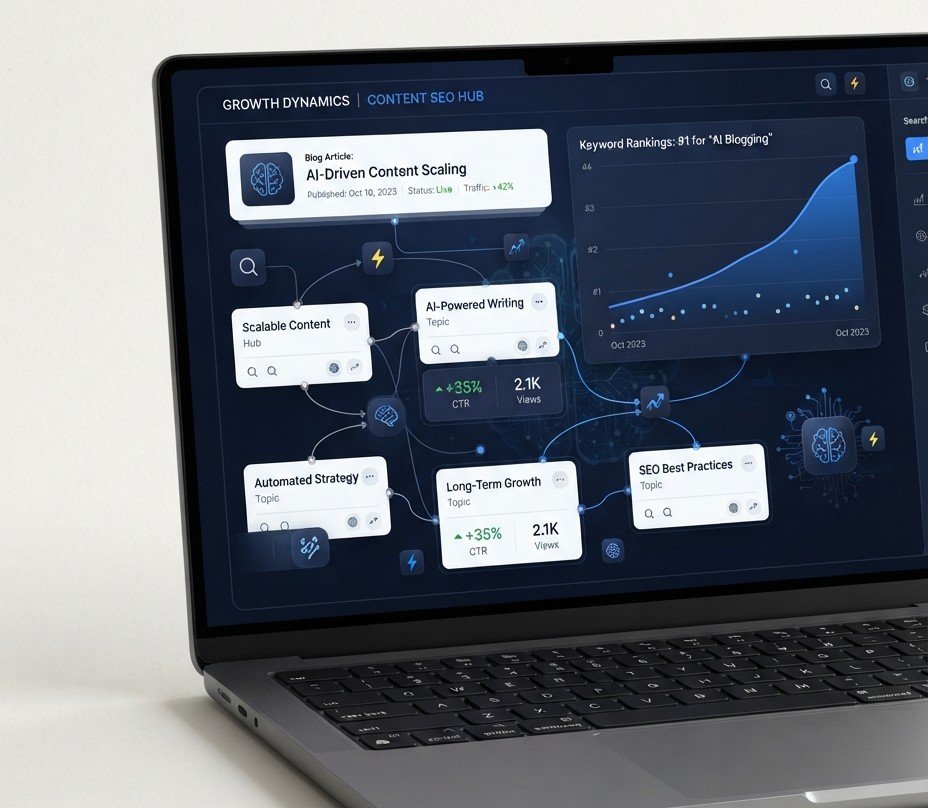 AI-assisted blogging and SEO content system with topic clusters and search growth analytics