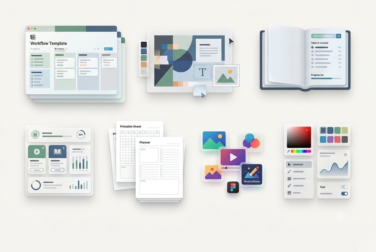 Digital products including templates, ebooks, online courses, printables, stock assets, and software tools