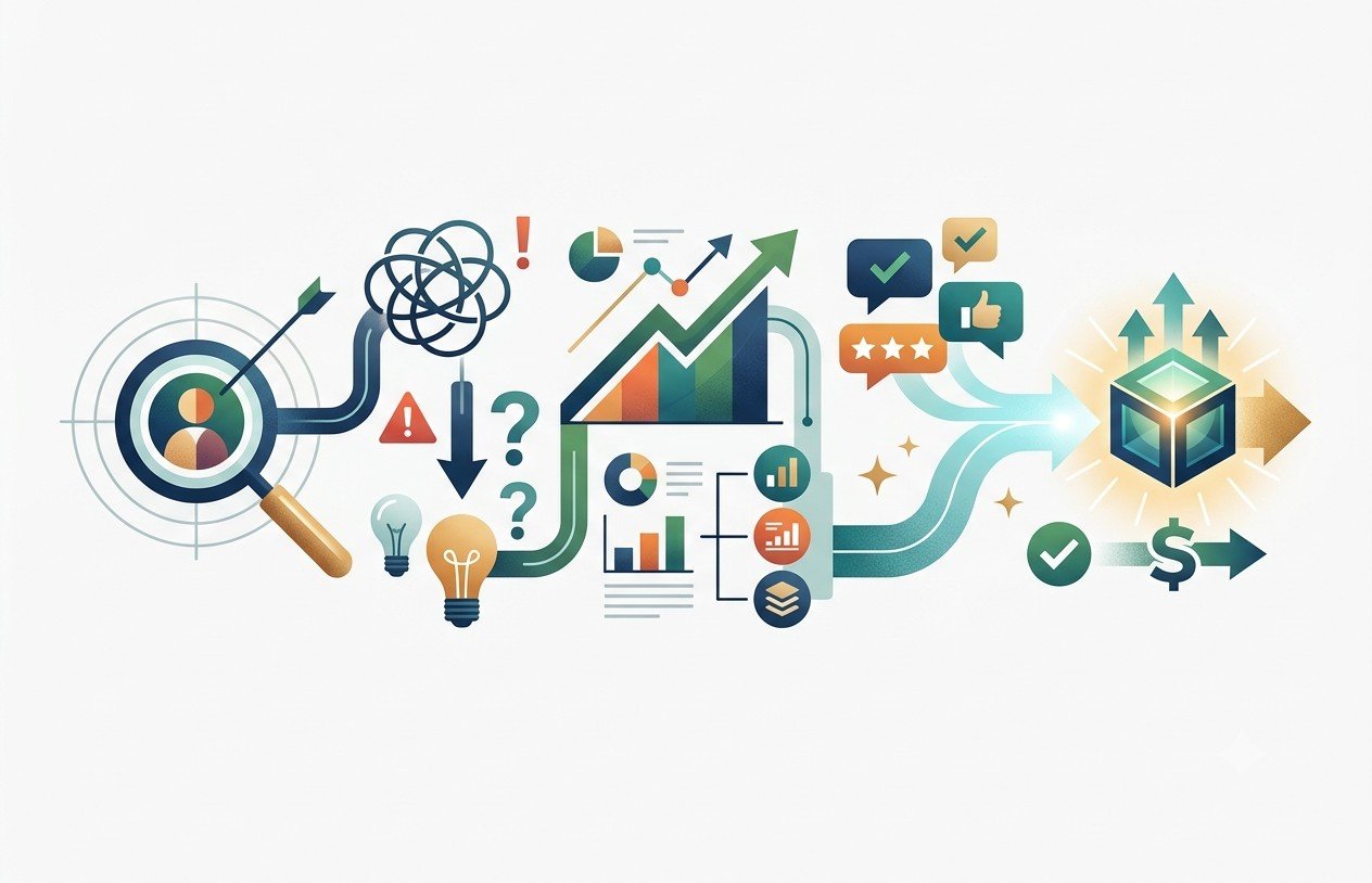 Digital product idea validation through buyer research, problem identification, customer feedback, and market research