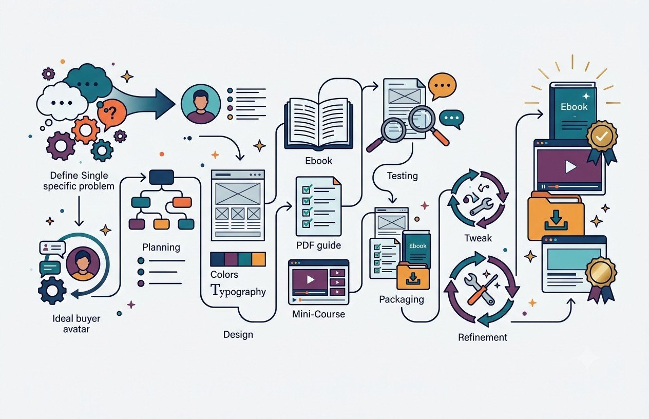 Creating a digital product from planning and design to content creation, refinement, and the finished product