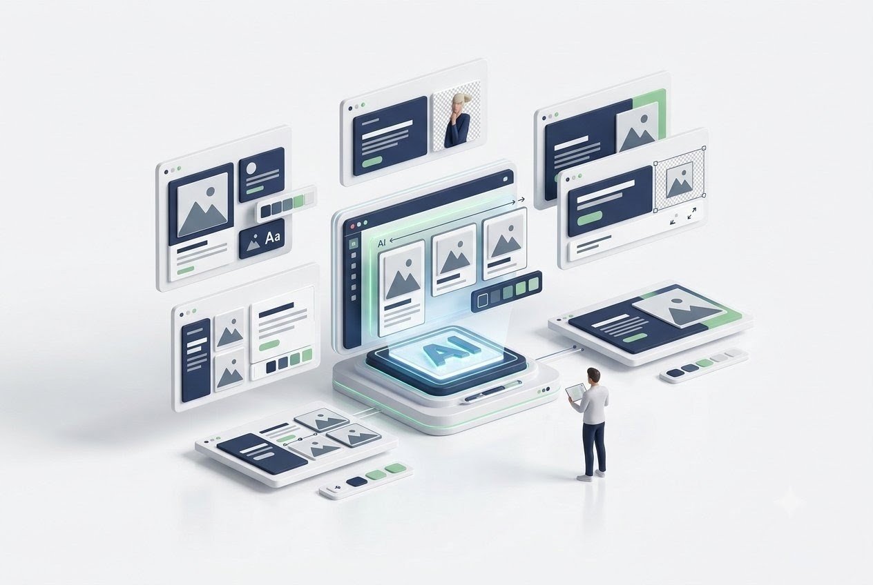AI design tools creating social graphics, ads, presentations, and marketing designs with human review