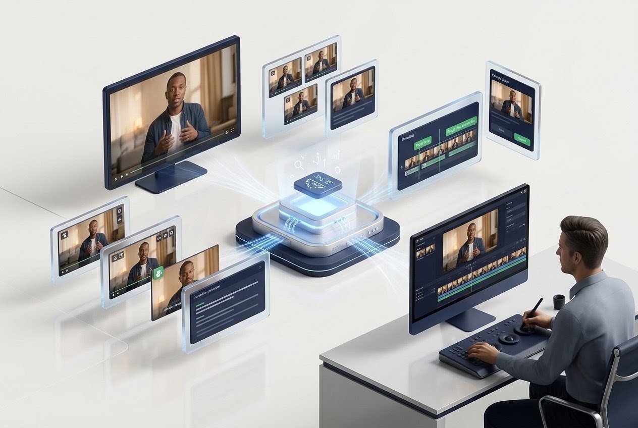 AI video editing tools automating clip selection, captions, and video production with human review