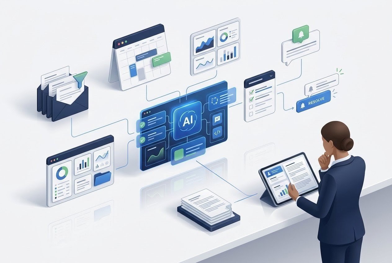 AI virtual assistant automating email, scheduling, data entry, and routine business tasks with human oversight