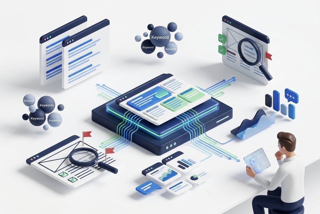 AI SEO tools automating keyword research, website analysis, content optimization, and SEO insights