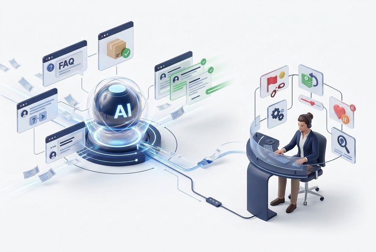 AI customer support automating routine inquiries with human agents handling complex escalations