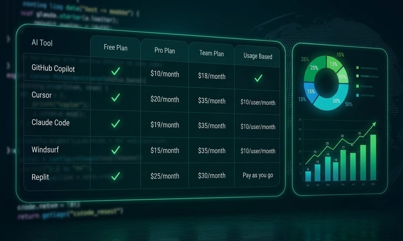 A pricing comparison table and analytics dashboard showing the costs, free plans, pro tiers, and team subscription rates for different AI coding tools.