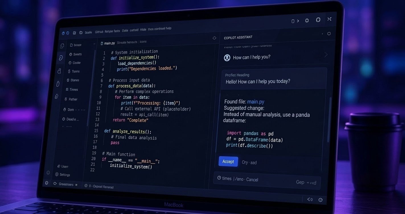 A MacBook screen showing a code editor with Python code on the left and a GitHub Copilot assistant pane on the right suggesting code optimizations.