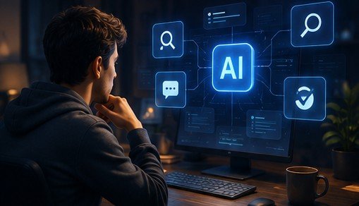 A developer looking at a computer screen displaying a futuristic AI coding interface with glowing blue icons for search, chat, and code quality verification.