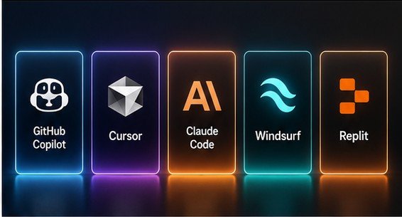 A comparison showcase of major AI coding tools including GitHub Copilot, Cursor, Claude Code, Windsurf, and Replit displayed as glowing neon cards.