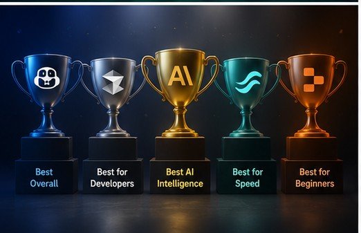 Five award trophies representing different AI coding categories like Best Overall, Best for Developers, Best AI Intelligence, Best for Speed, and Best for Beginners.