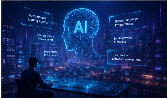 A software developer working at a desk with a massive glowing blue hologram of an AI head displaying advanced tech insights like autonomous coding agents and context-aware development.