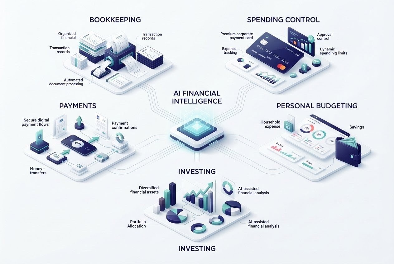 AI finance tools for bookkeeping, spending control, payments, personal budgeting, and investing
