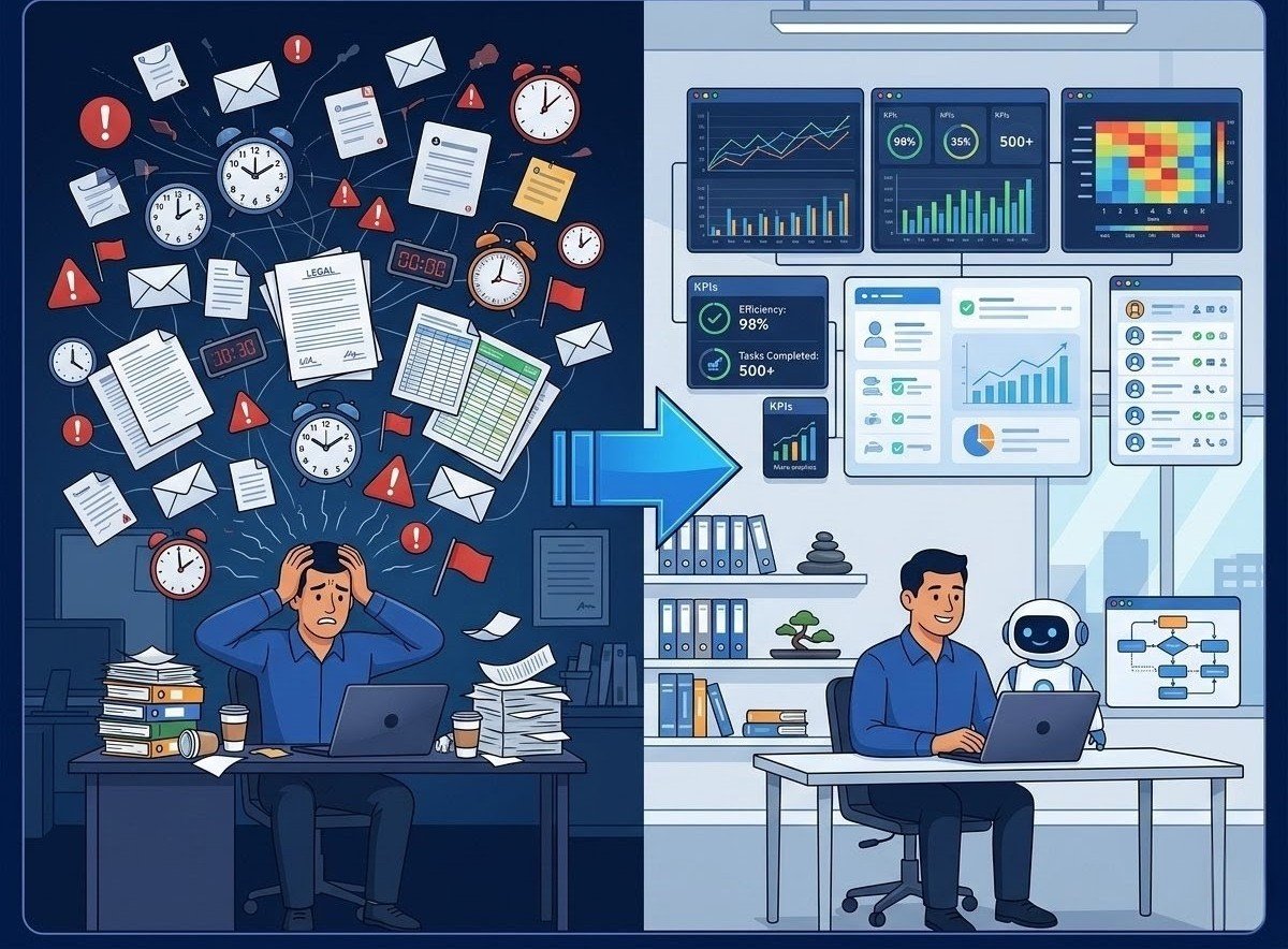 A before and after comparison of workplace productivity, showing a stressed worker overwhelmed by paperwork and clocks on the left, vs a relaxed employee working efficiently alongside an AI robot and organized dashboard charts on the right.