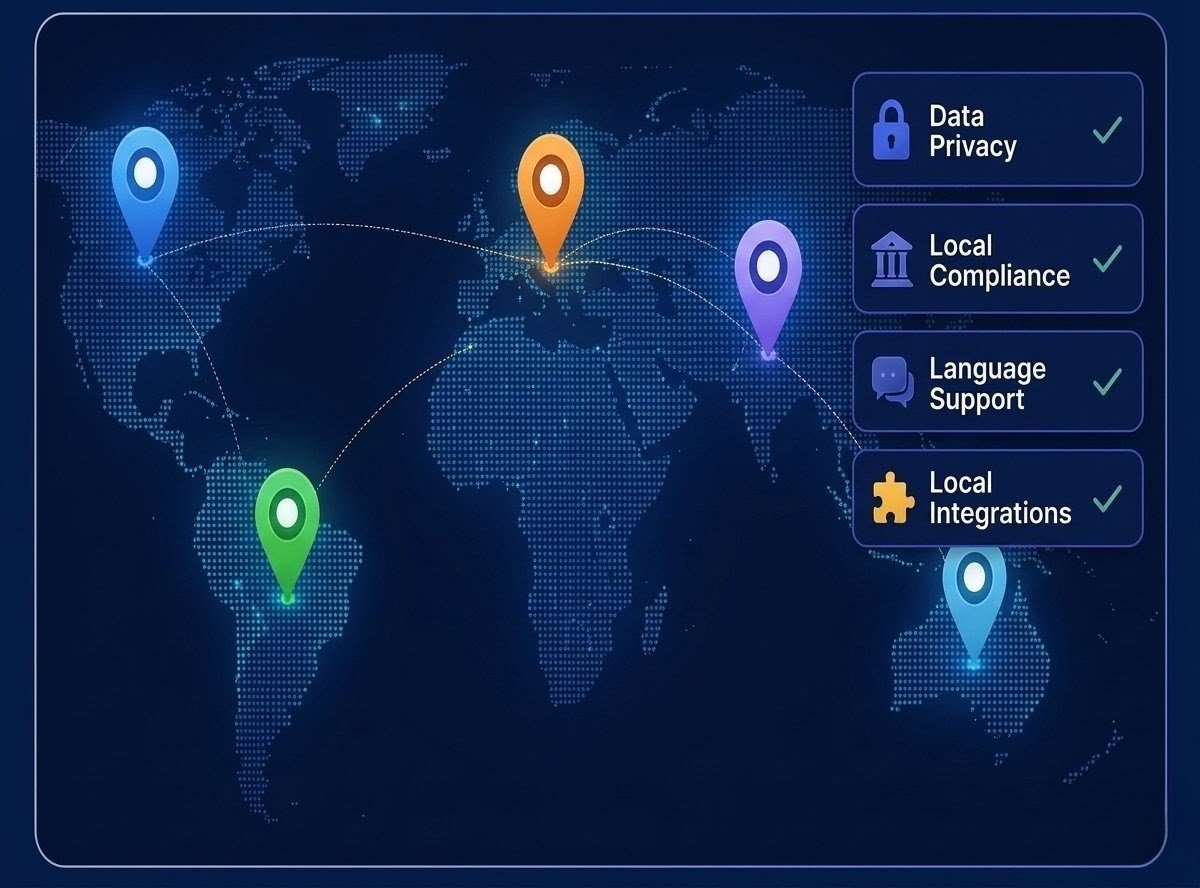 A global world map graphic with multi-colored location pins, featuring a sidebar menu with checked items for Data Privacy, Local Compliance, Language Support, and Local Integrations.