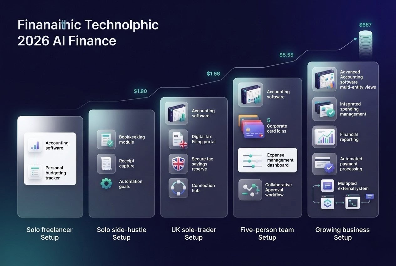 Estimated monthly cost comparison for AI finance software setups from solo freelancers to growing businesses