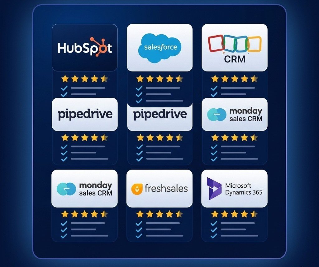 A visual comparison matrix of top AI CRM tools in 2026, including HubSpot, Salesforce, Pipedrive, monday sales CRM, Freshsales, and Microsoft Dynamics 365, shown with 5-star ratings and features check-lists.