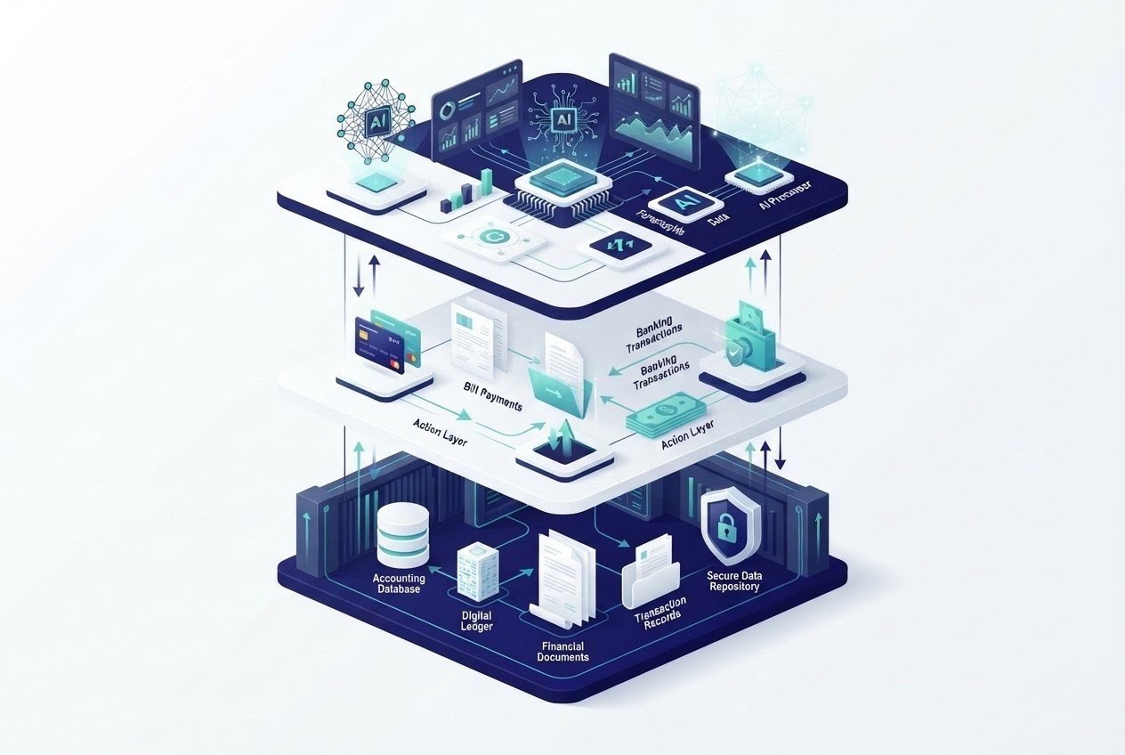 Three-layer AI finance model showing system of record, action layer, and thinking layer