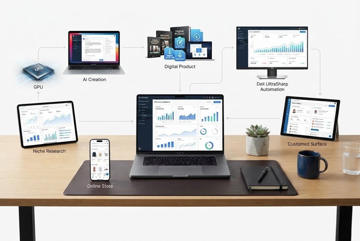 AI passive income system showing niche research, digital products, automation, customers, and recurring revenue