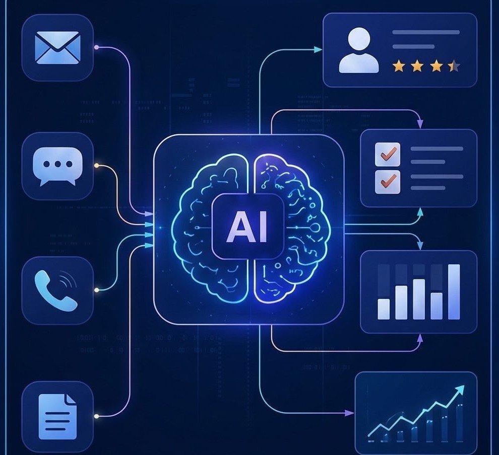 An abstract concept of an AI-powered CRM system, showing a central AI brain node connected to customer data, emails, calls, tasks, and sales forecasting analytics charts.