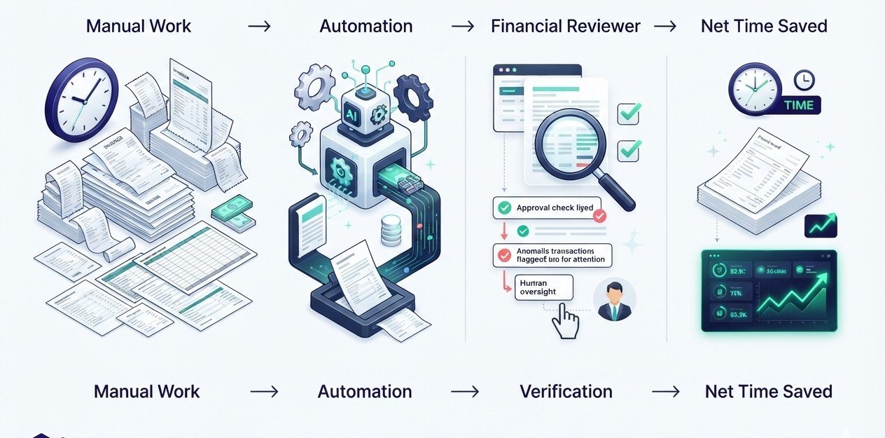 AI finance automation workflow showing manual work, automated processing, human verification, and time saved