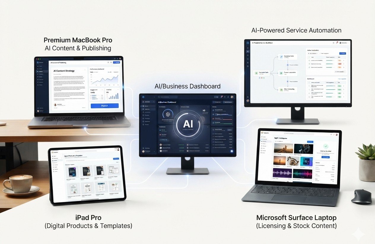 Four AI passive income models including content publishing, digital products, automation services, and licensing