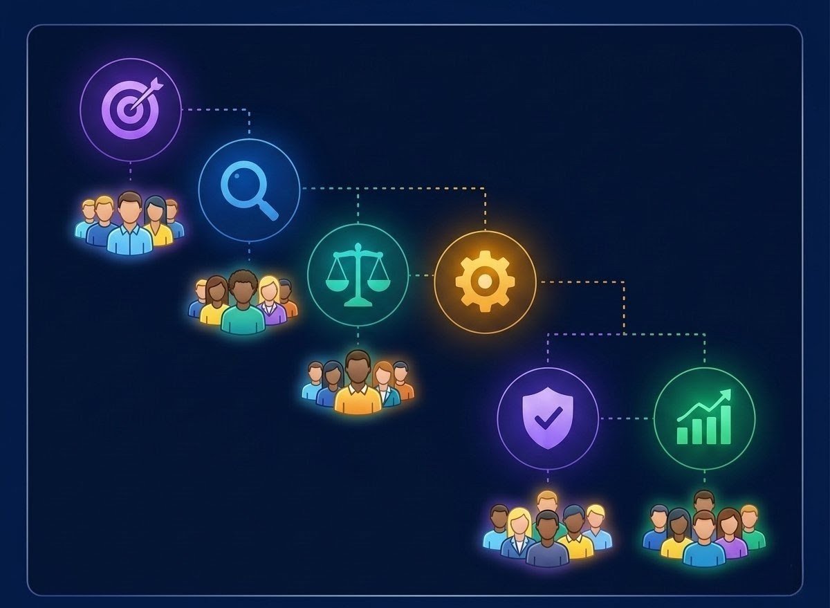 A step-by-step business roadmap diagram showing a sequential framework with icons for targeting, research, legal compliance, configuration, security, and growth analytics, with team groups below each stage.