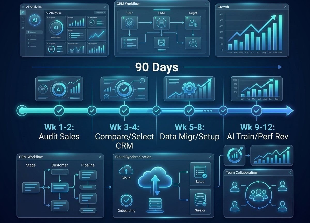 A detailed 90-day AI CRM action plan timeline diagram showing implementation stages from week 1 to week 12, covering sales auditing, CRM selection, data migration, and AI training with dashboard UI analytics.